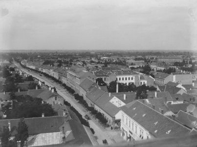 Debrecen látképe a Kistemplom tornyából, nyugatra: a Széchenyi utca (Törvényszék, bíróság, Halköz, kocsma, fasor) 1907 Zoltai Lajos felvétele