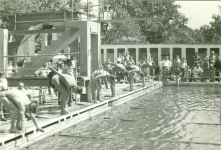 Úszóverseny a nagyerdőn 1960-as évek ismeretlen amatőr felvétele
